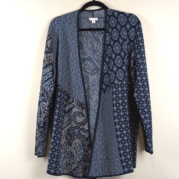 J. Jill Blue Mixed Print Knit Open Cardigan Size Medium Tall - Picture 12 of 12